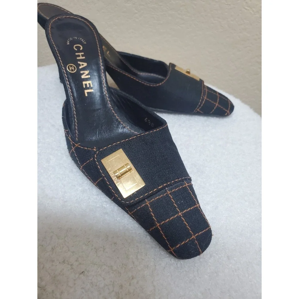 Vintage Y2K Chanel quilted mules, women's size 36.5, with Mademoiselle clasp.